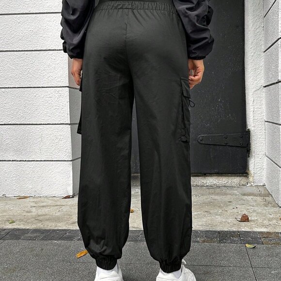 Black Casual Womens Maternity Flap Pocket Side Adjustable Waist Cargo Pants - Picture 3 of 6